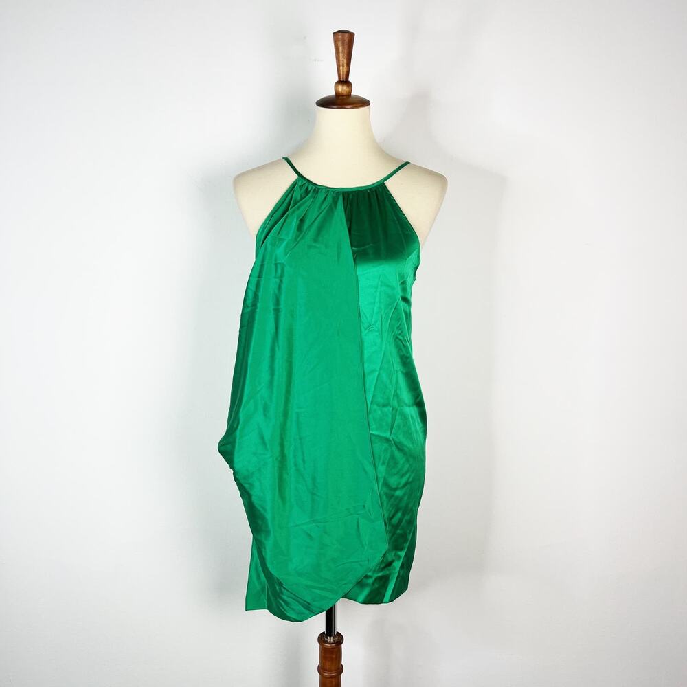 Michelle Farmer green satin slip dress asymmetrical flattering size XS
